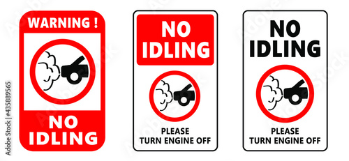 Traffic pictogram. No idling warning sign. Turn engine off sign symbol icon. Idle free zone, turn Off. NOx, CO2 emissions. Carbon dioxide. Climate change and global warming