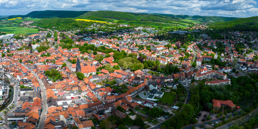 Aerial view of the city Alfeld in Germany on a sunny day in spring.