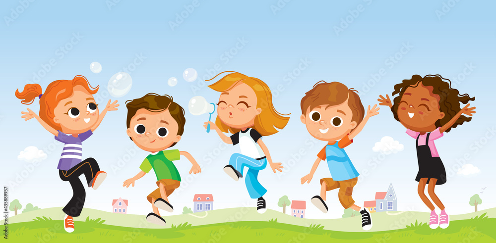 Vector group of smiling, jumping, blowing soap bubbles children having fun outdoors on summer day with country background. Group of pupils on outdoor break. Classmates fooling around, enjoying summer. Vector group of smiling, jumping, blowing soap bubbles children having fun outdoors on summer day with country background. Group of pupils on outdoor break. Classmates fooling around, enjoying summer.