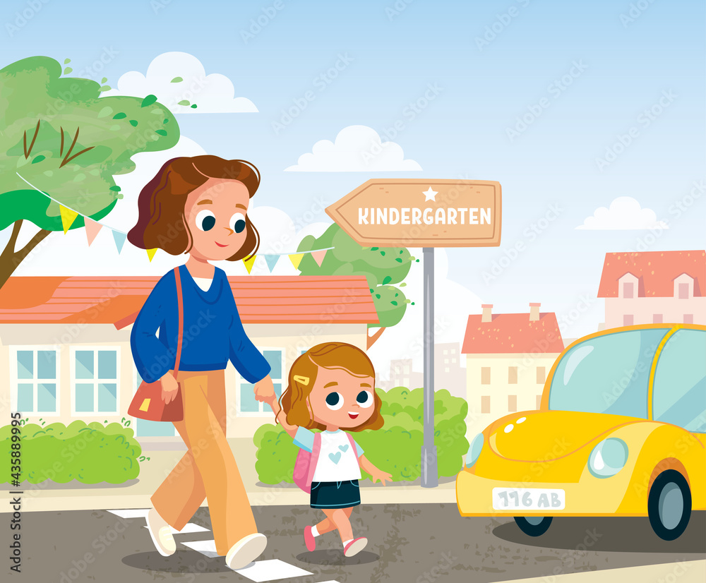 Mother and baby going by street. Mother and baby girl kid cross the street by crosswalk in front of car. Road traffic safety concept.Child and babysitter,nurse,cross the street.How to cross the street