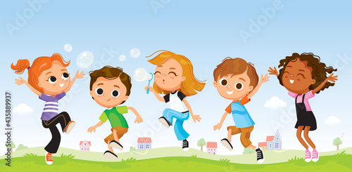 Vector group of smiling, jumping, blowing soap bubbles children having fun outdoors on summer day with country background. Group of pupils on outdoor break. Classmates fooling around, enjoying summer. © olgache