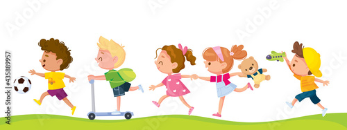 Children running one after another by pathway. Kids rush somewhere in group in line with toys and playthings. Kids walking by track. Girls runs holding arms. Boy ride scooter. Friends on outside walk.
