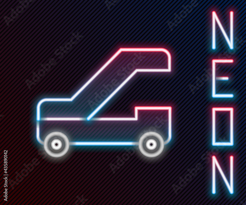 Glowing neon line Passenger ladder for plane boarding icon isolated on black background. Airport stair travel. Colorful outline concept. Vector Illustration