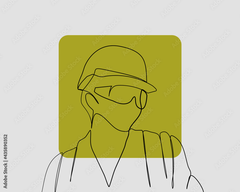 Continuous line, Chief Engineer in the Hard Hat. Drawing of set Job