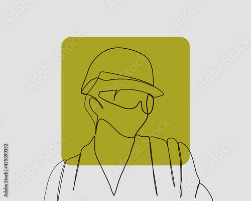 Continuous line, Chief Engineer in the Hard Hat. Drawing of set Job. (Vector illustration one line drawing)