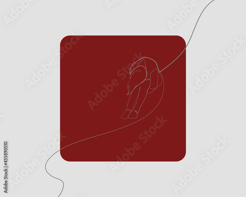 Continuous line, Sad woman hug her knee and cry. Drawing of set Emotion. (Vector illustration one line drawing)