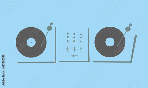 Two DJs turntables with vinyl records and mixer. Party DJ equipment. Playing music. Scratch. Mix. Vinil player . Dance floor. Club. Colorful flat vector illustration isolated. Musical poster or banner