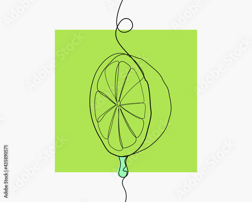 Continuous line, Fresh lemon sliced with drops of juice. Drawing of set Fruit. 