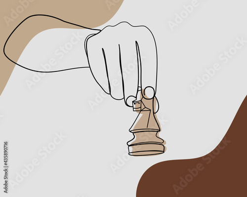 Continuous line, Hand of a male chess player moving the chess piece. Drawing of set Game. (Vector illustration one line drawing)