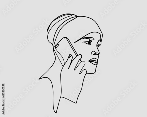Continuous line, Woman talking on the phone. Drawing of set Communication. (Vector illustration one line drawing)