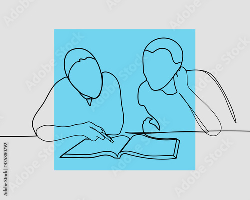 Continuous line, High school tutor giving male student one to one tuition at desk. Drawing of set Education. (Vector illustration one line drawing)