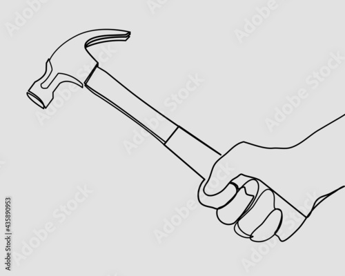 Continuous line, Man hand holding hammer. Drawing of set Building. (Vector illustration one line drawing)