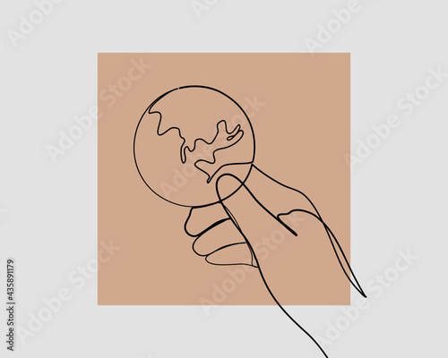Continuous line, Earth in hand. Drawing of set Giving. (Vector illustration one line drawing)