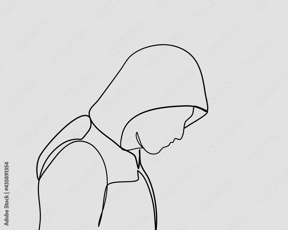 Continuous line, Man in the hood or Hacker. Drawing of set Winter. (Vector illustration one line drawing) Continuous line, Man in the hood or Hacker. Drawing of set Winter. (Vector illustration one line drawing)