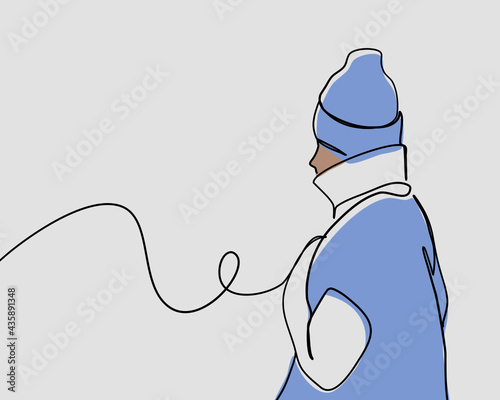 Continuous line, Single or divorced woman alone missing a boyfriend wearing Sweater. Drawing of set Winter. (Vector illustration one line drawing)