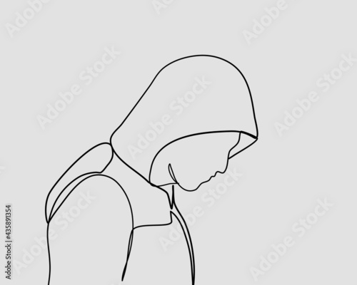 Continuous line, Man in the hood or Hacker. Drawing of set Winter. (Vector illustration one line drawing)