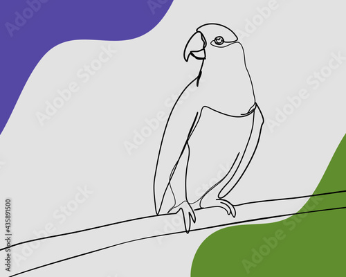 Continuous line, Parrot sitting on the branch. Drawing of set Animals. (Vector illustration one line drawing)