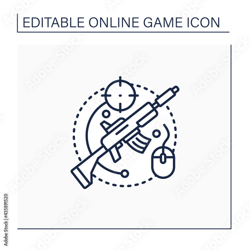 Shooting game line icon. Computer entertainment with guns.Firing weapons at targets. Online game concept. Isolated vector illustration.Editable stroke