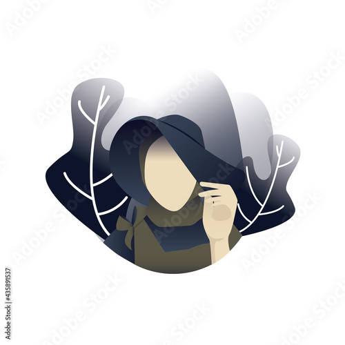 Hijab woman flat design, Muslim illustration hijab woman with black color background suitable for template.