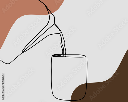 Continuous line, Pouring coffee on a cup. Drawing of set Beverage. (Vector illustration one line drawing)