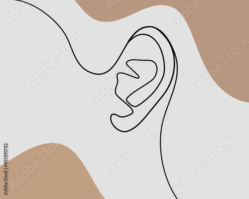 Continuous line, Close up of human ear. Drawing of set Face. (Vector illustration one line drawing)
