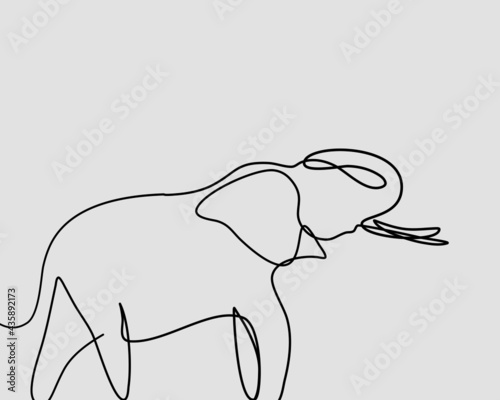Continuous line, Elephant with trunk over head. Drawing of set Animals. (Vector illustration one line drawing)