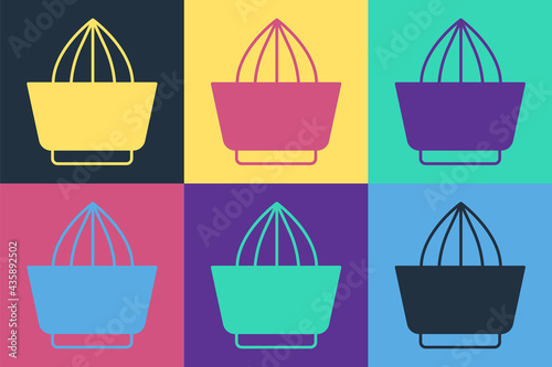 Pop art Citrus fruit juicer icon isolated on color background. Vector