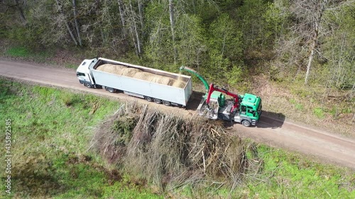 Aerial view of wood chipper blowing shredded wood into back of a truck. Forest background photo