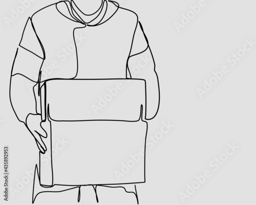 Continuous line, Delivery man holding boxes . Drawing of set Food. (Vector illustration one line drawing)