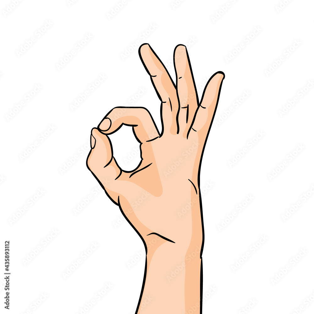 Pop art OK hand sign isolated on white background. Hand showing okay hand gesture. Pop art OK hand sign isolated on white background. Hand showing okay hand gesture.