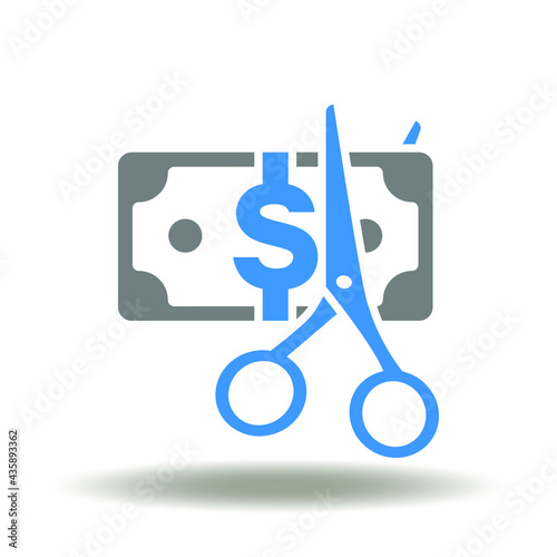 Scissors cut a dollar banknote vector illustration. Fees Tax Reduction Symbol. Cost reduce icon. Discount sign.