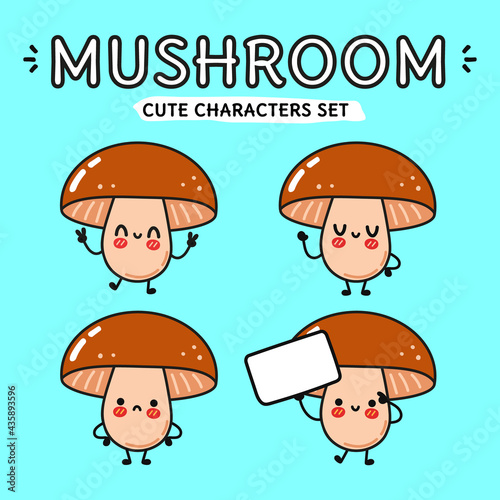 Funny cute happy Mushroom characters bundle set. Vector kawaii line cartoon style illustration. Cute Mushroom mascot character collection