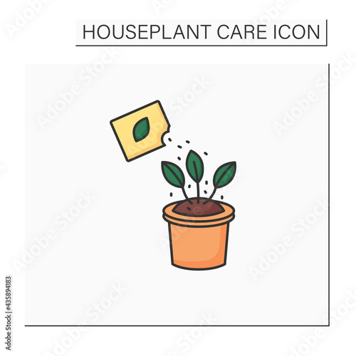 Fertilize color icon. Manure houseplant. Home gardening. Beautiful home plant in pot. Houseplant care concept.Isolated vector illustration