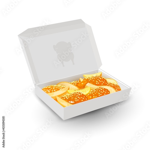Cartoon of baked chicken with potato served with sesame in paper box. Vector fast food, restaurant dish with delivery, big portion for one. Concept food, calorie dish isolated on white