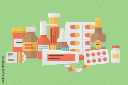 Different vector medical pills and bottles. Health care vector concept. Flat tablets and medicines. Simple colored drug packaging. Medical concept for web and mobile. Jars and blisters with medicines