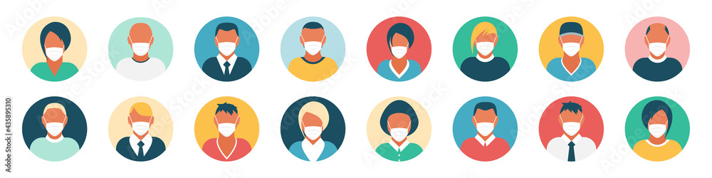 Flat modern minimal avatar icons with medical mask. Business concept, global communication. Web site user profile. Social media, network elements. Flat modern minimal avatar icons with medical mask. Business concept, global communication. Web site user profile. Social media, network elements.