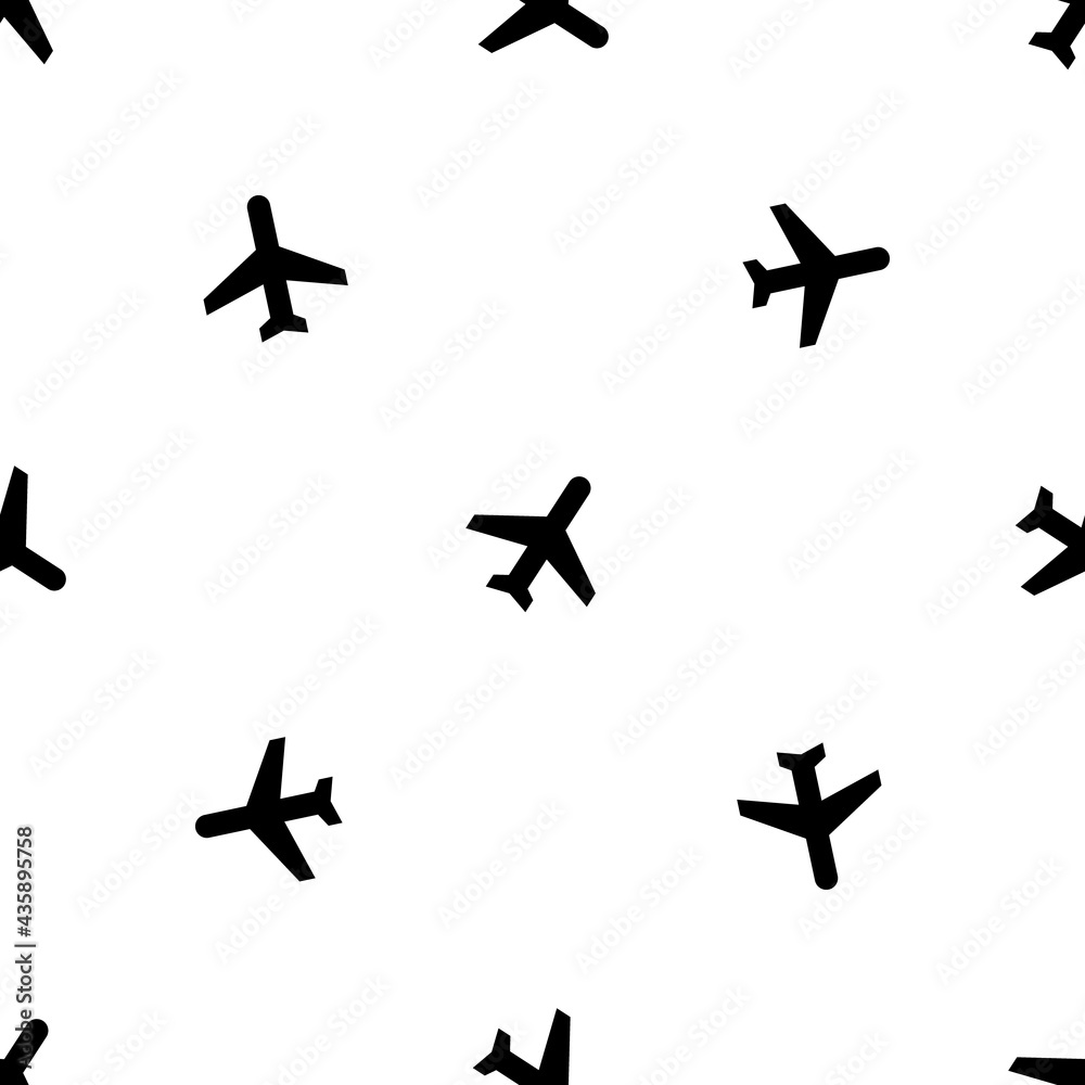 Seamless pattern of repeated black plane symbols. Elements are evenly spaced and some are rotated. Vector illustration on white background Seamless pattern of repeated black plane symbols. Elements are evenly spaced and some are rotated. Vector illustration on white background