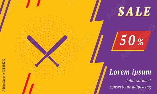 Sale promotion banner with place for your text. On the left is the baseball bats symbol. Promotional text with discount percentage on the right side. Vector illustration on yellow background © Alexey