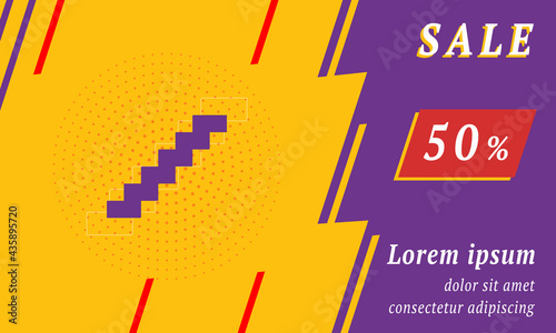 Sale promotion banner with place for your text. On the left is the stairs symbol. Promotional text with discount percentage on the right side. Vector illustration on yellow background