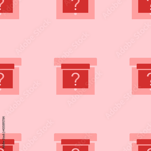Seamless pattern of large isolated red gift box with a question symbols. The elements are evenly spaced. Vector illustration on light red background