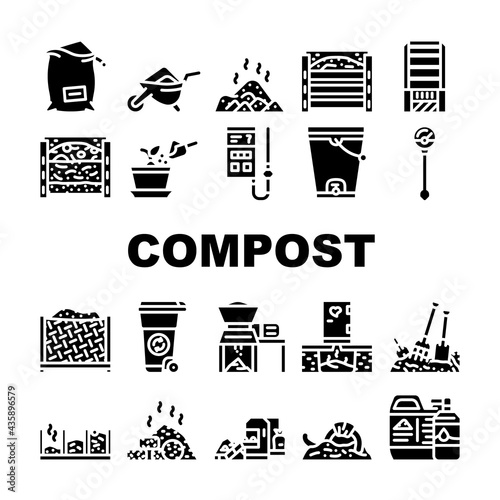 Compost Production Collection Icons Set Vector. Worms In Compost And Potted Plant, Industrial And Household Waste Shredder, Bag And Container Glyph Pictograms Black Illustrations