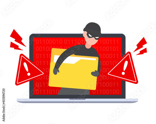 Hacker steals a file or document folder in computer laptop. Emergency alert of data hacking detection or cybercrime. Creative security concept of antivirus. Warning sign. Flat style illustration icon.