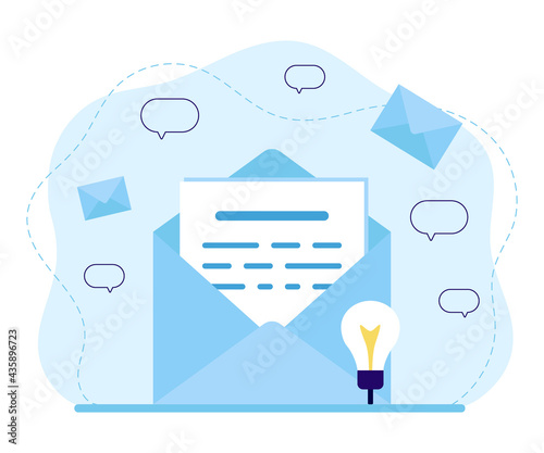 Mail, email service, news, document or letter in envelope with message and correspondence delivery. Incoming or outgoing letter. Email, notification, message, sms, spam concept. Vector flat