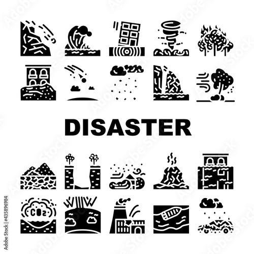 Disaster Destruction Collection Icons Set Vector. Freezing Rain And Heavy Rainfall, Sandstorm And Hurricane, Forest Fire And Drought Disaster Glyph Pictograms Black Illustrations