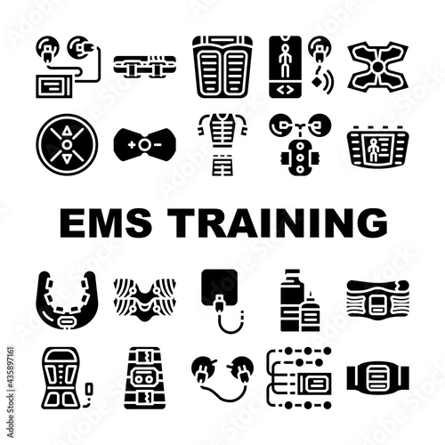 Ems Training Device Collection Icons Set Vector. Stimulator With Strap And Suction Cups, Massager For Feet And Stimulant For Press Ems Training Glyph Pictograms Black Illustrations