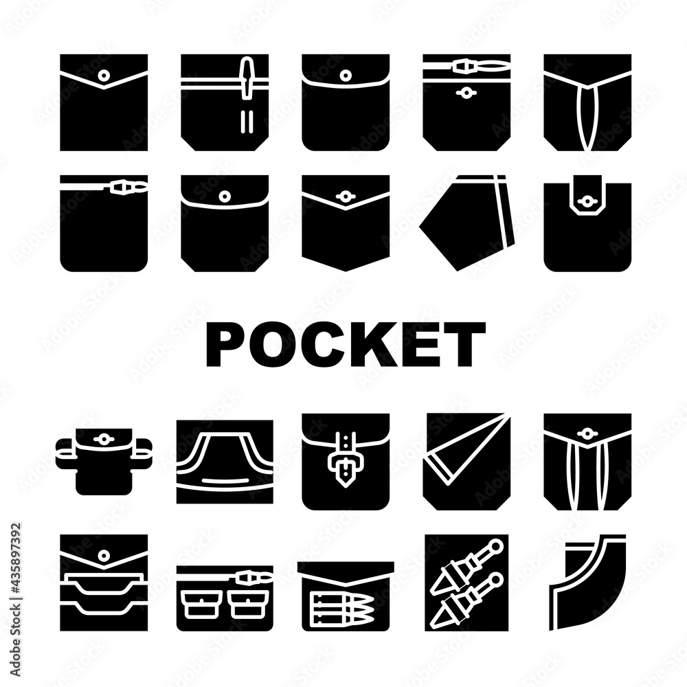 Patch Pocket Clothes Collection Icons Set Vector. Pocket With Clasp And Button For Storage Bullet And Knife, Credit Cards And Coins, Glyph Pictograms Black Illustrations Patch Pocket Clothes Collection Icons Set Vector. Pocket With Clasp And Button For Storage Bullet And Knife, Credit Cards And Coins, Glyph Pictograms Black Illustrations