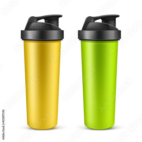 Vector realistic 3d green and yellow empty drink shaker for sports nutrition, whey protein or gainer. Plastic sport bottle, mixer or beverage container isolated on white background. Accessory for gym.