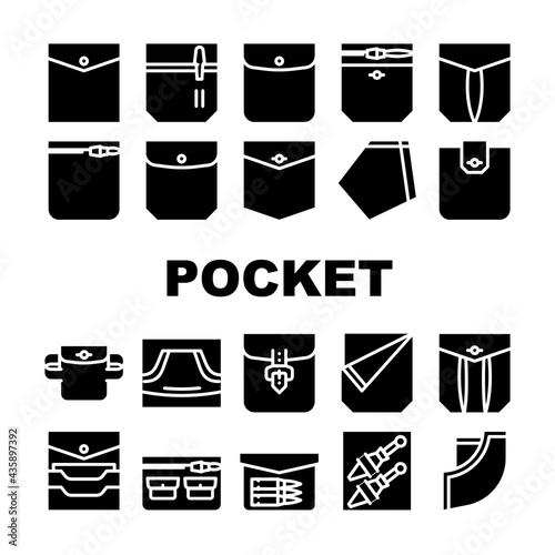Patch Pocket Clothes Collection Icons Set Vector. Pocket With Clasp And Button For Storage Bullet And Knife, Credit Cards And Coins, Glyph Pictograms Black Illustrations