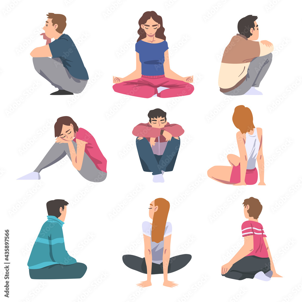 Set of Young People Sitting on Floor in Different Poses Cartoon Vector Illustration Set of Young People Sitting on Floor in Different Poses Cartoon Vector Illustration