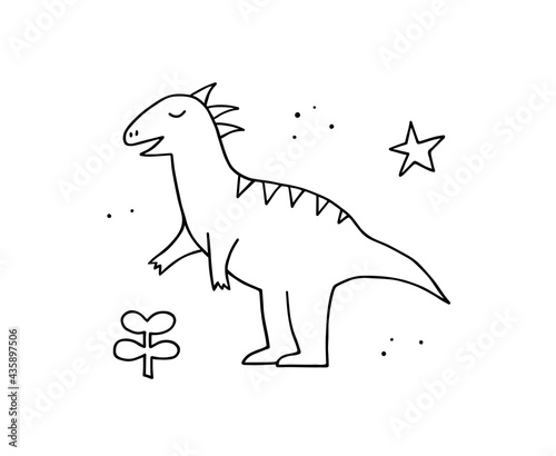 Cute dinosaur in doodle style. Hand drawn outline funny dino. Vector illustration for kids.